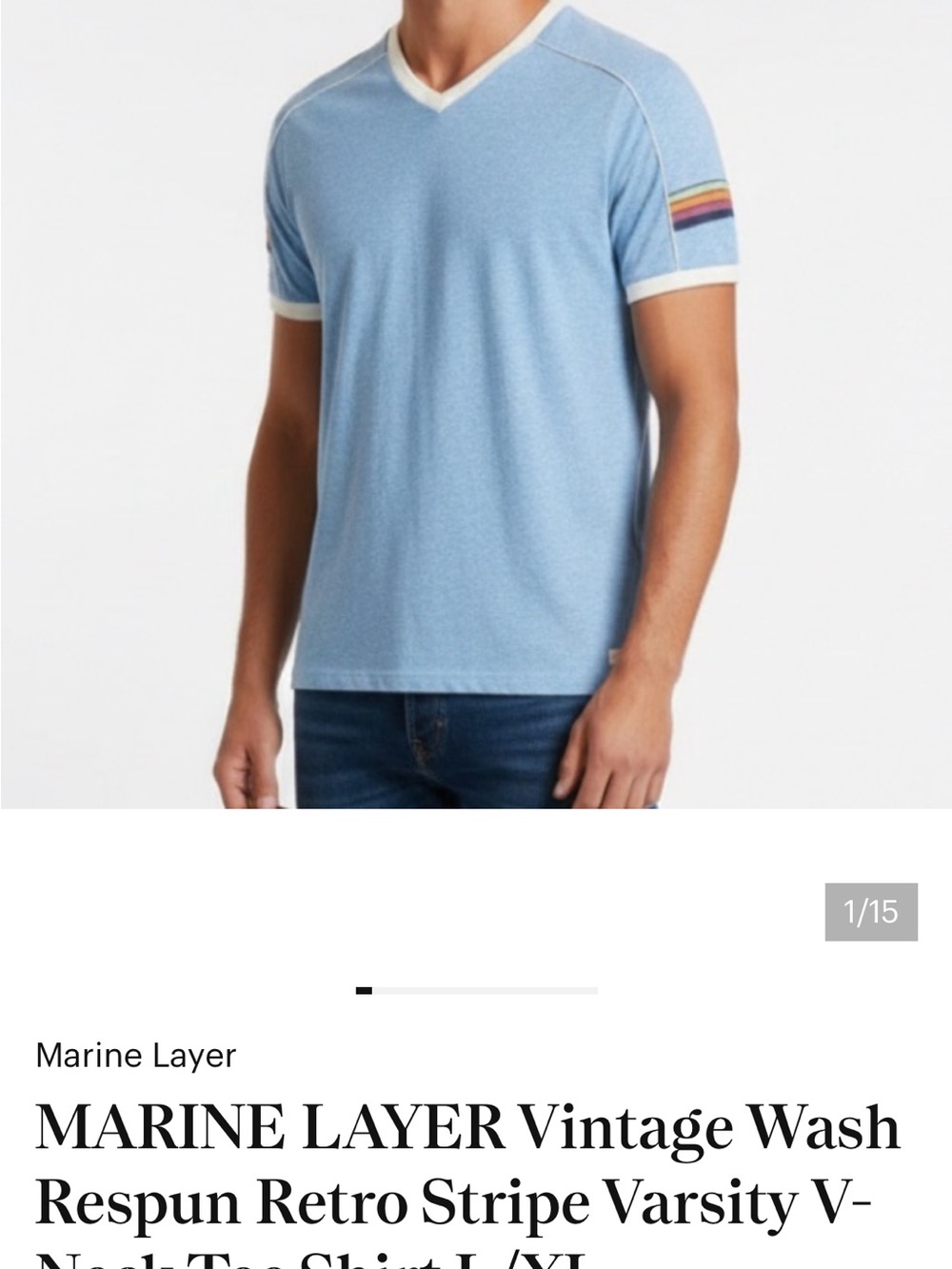 MARINE LAYER Vintage Wash Respun Retro Stripe Varsity V-Neck Tee Shirt L/XL